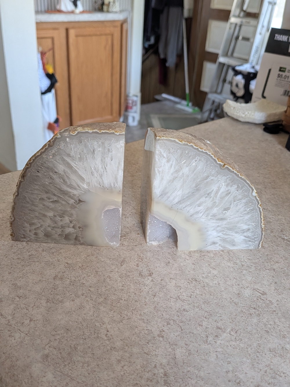 Natural White/Cream Agate Geode Bookends
